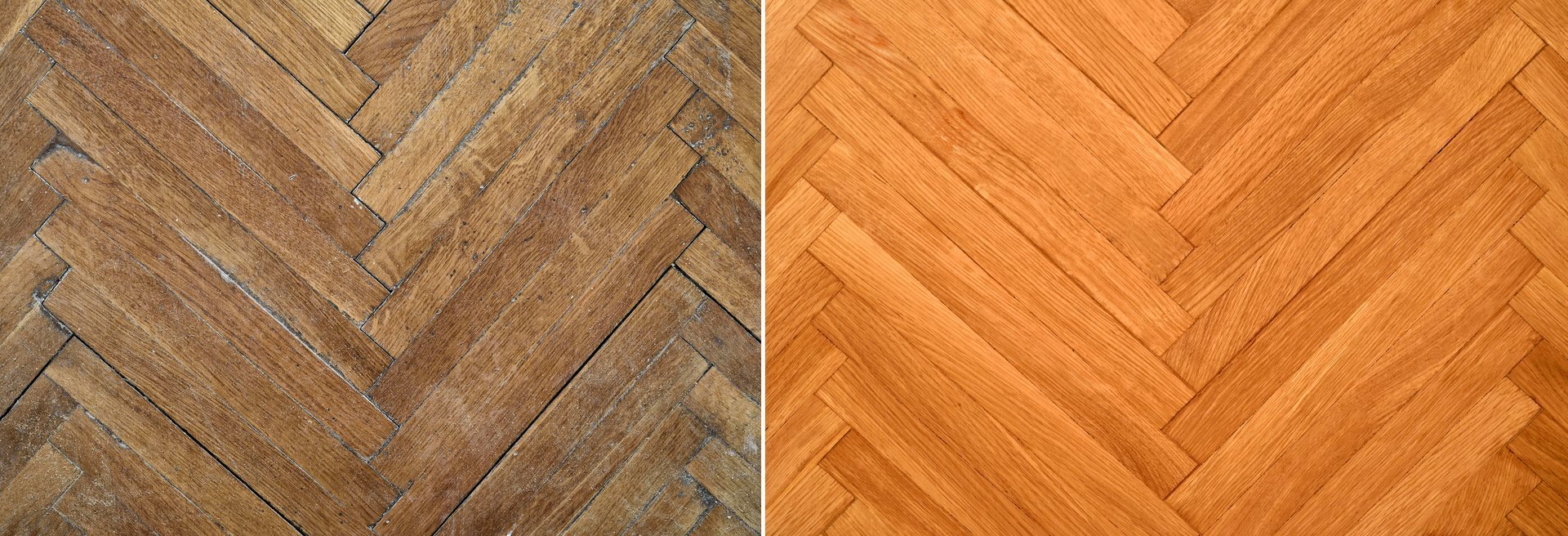 Herringbone parquet before and after renovation