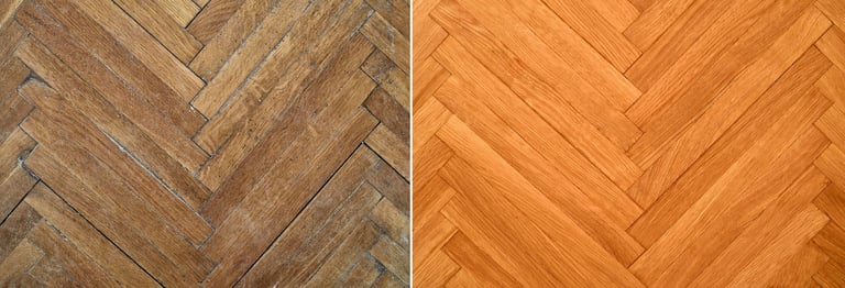 Top view of herringbone pattern parquet before and after renovation — old damaged parquet on the left, same parquet beautifully restored on the right