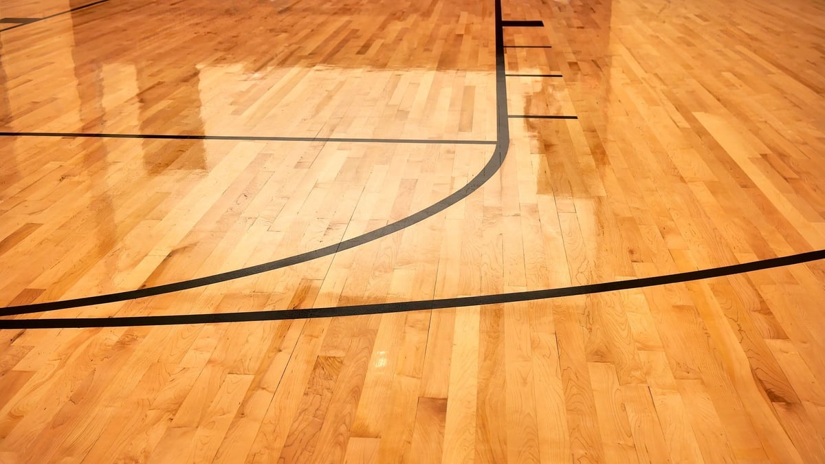 School sports hall with hardwood floor