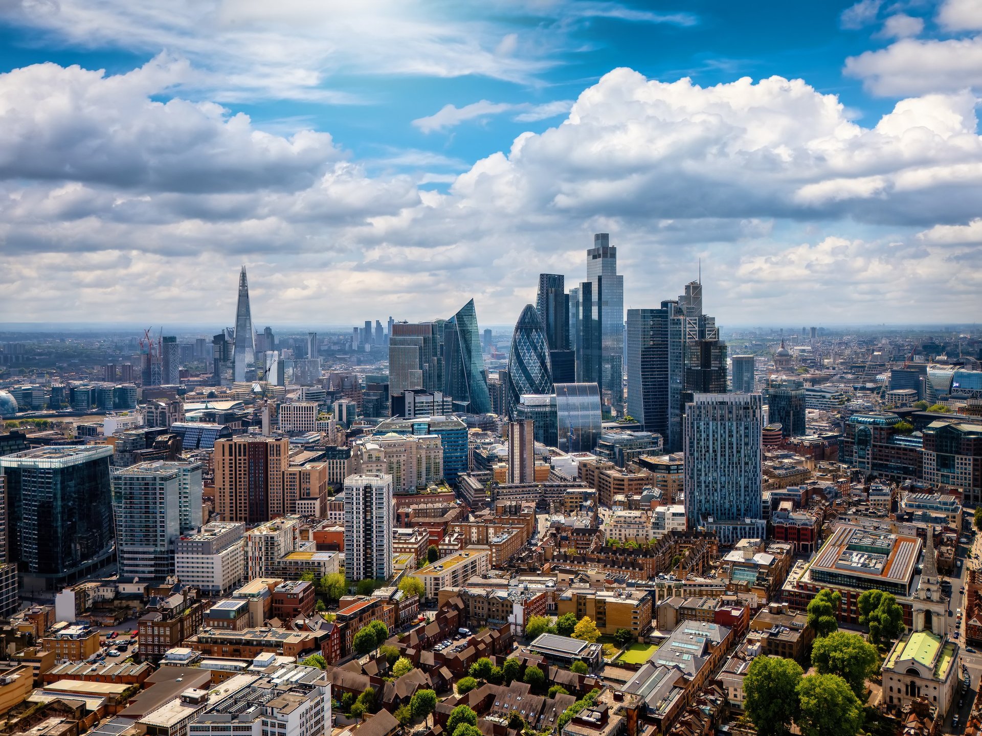 Panoramic aerial view of the skyline of central London, England, during a sunny summer day