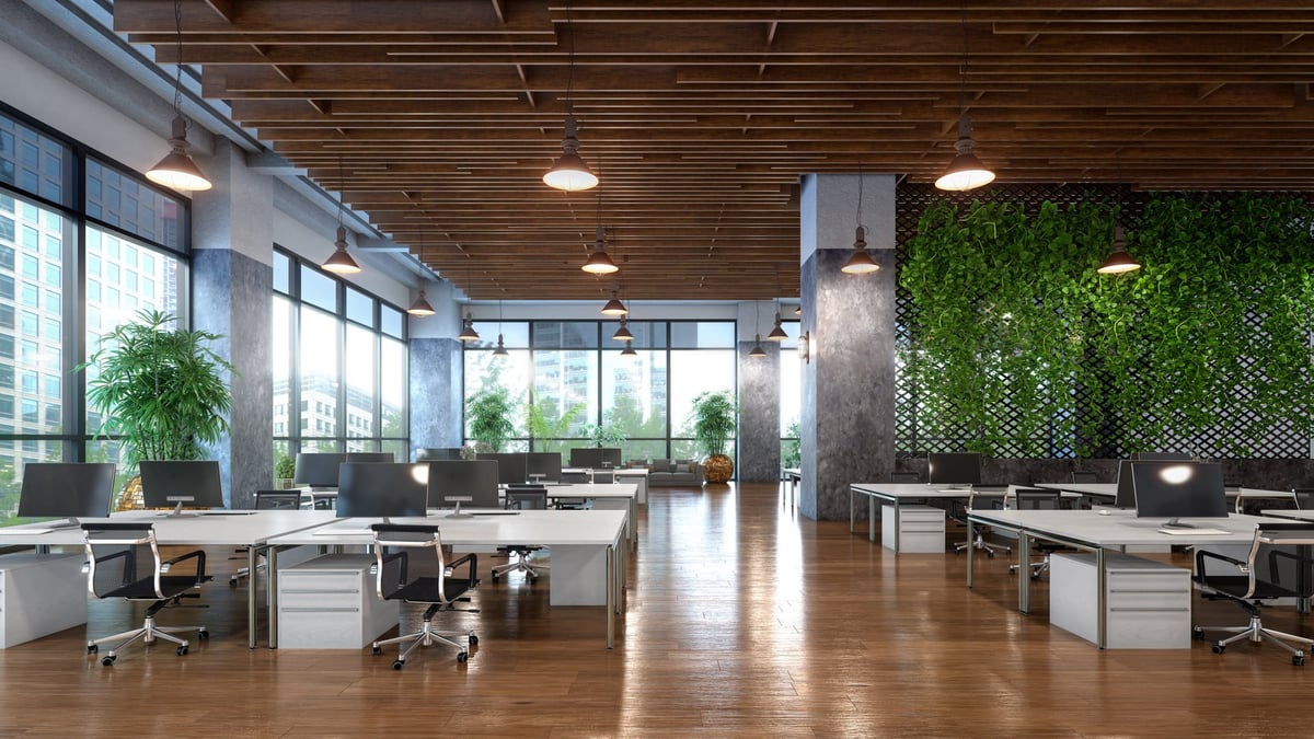 Modern commercial office space with wooden flooring and large windows