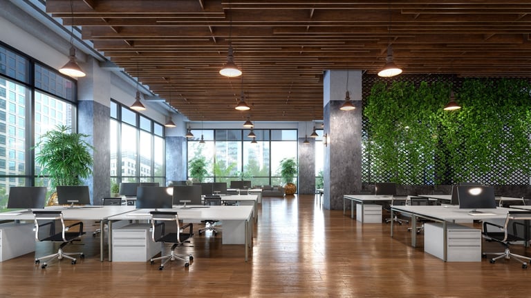 Open office with view from a large windows interior