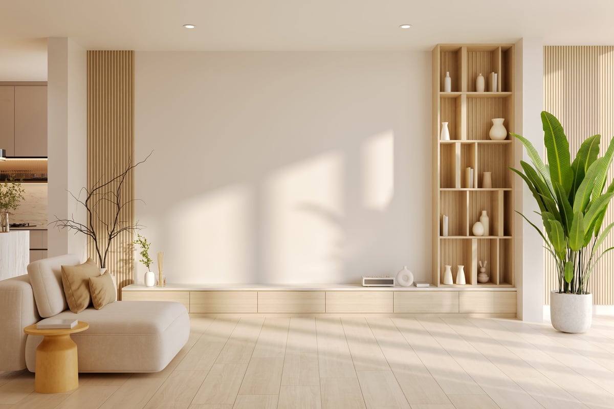 Interior of a modern room with wooden floor and minimalist design