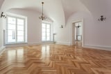 Historic wooden interior room with dehumidifier and fireplace