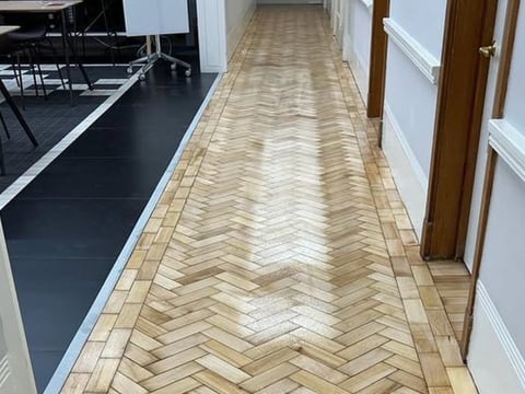 Long hallway with herringbone wood flooring, white walls with wooden doors, and black flooring visible on the left