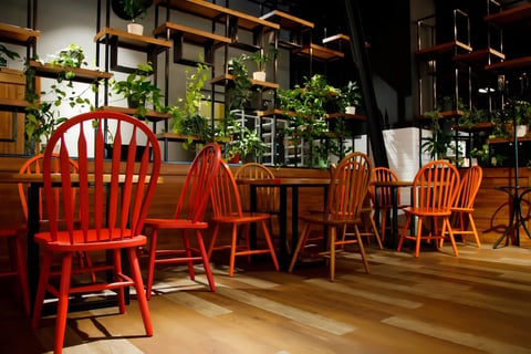 Blurred business office lobby interior with wooden accents