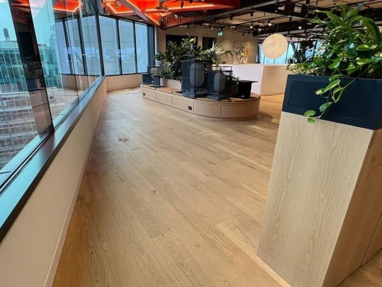 Modern office space with wooden flooring, potted plants, and floor-to-ceiling windows overlooking a city skyline