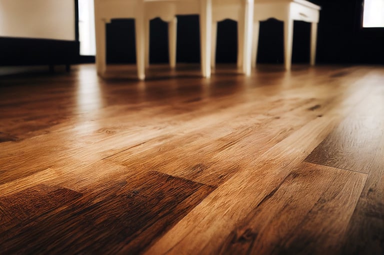 Close-up of polished hardwood floor with wooden chairs visible in the background of an empty room