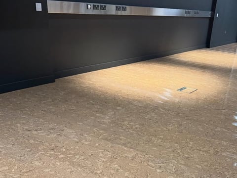 Empty room with dark wall and speckled concrete floor with sunlight streaming across