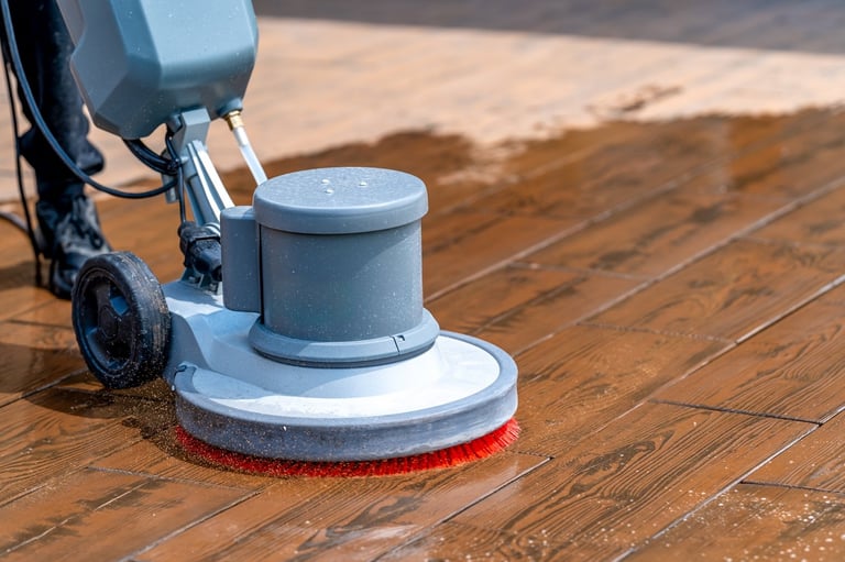 Commercial floor buffer machine with red brush head cleaning a wooden floor